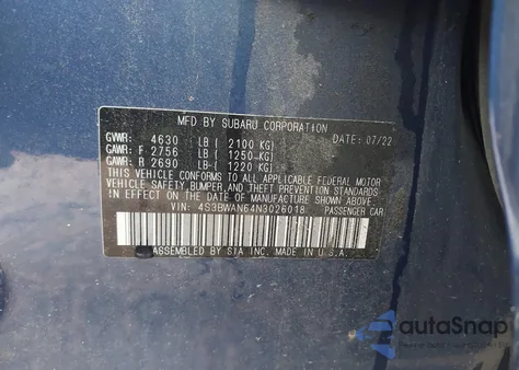 2022 Subaru Legacy Limited from USA, damaged, VIN 4S3BWAN64N3026018